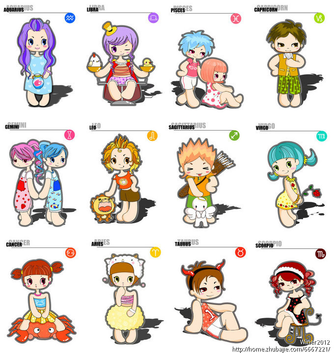 以<em>12星座</em>为元素设计12个<em>女性</em>人物形象插画-卡