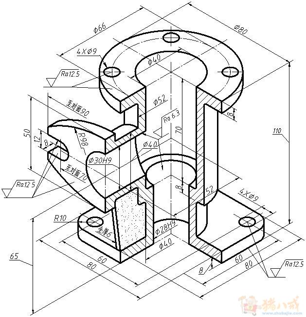 零件名称:三通接头;材料:HT200 - 机械设计