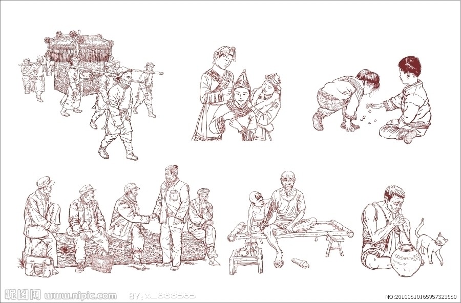 改革开放时期的农家生活的白描画,类似下面上传的图片.