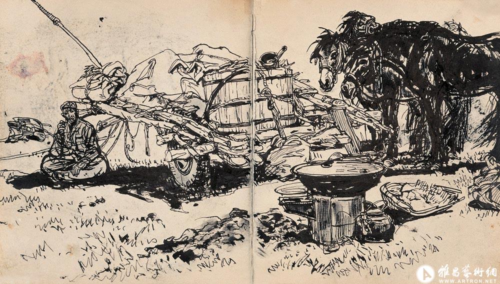 改革开放时期的农家生活的白描画,类似下面上传的图片.